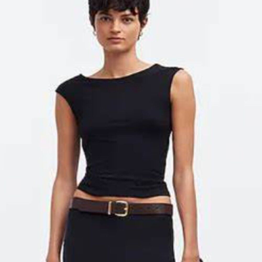 Madewell NR343 Black Scoopneck Cap-Sleeve Tee NWT